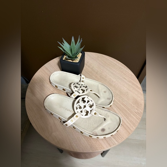 Tory Burch Shoes - Tory Burch Cream Slide Sandals with Gold Accents